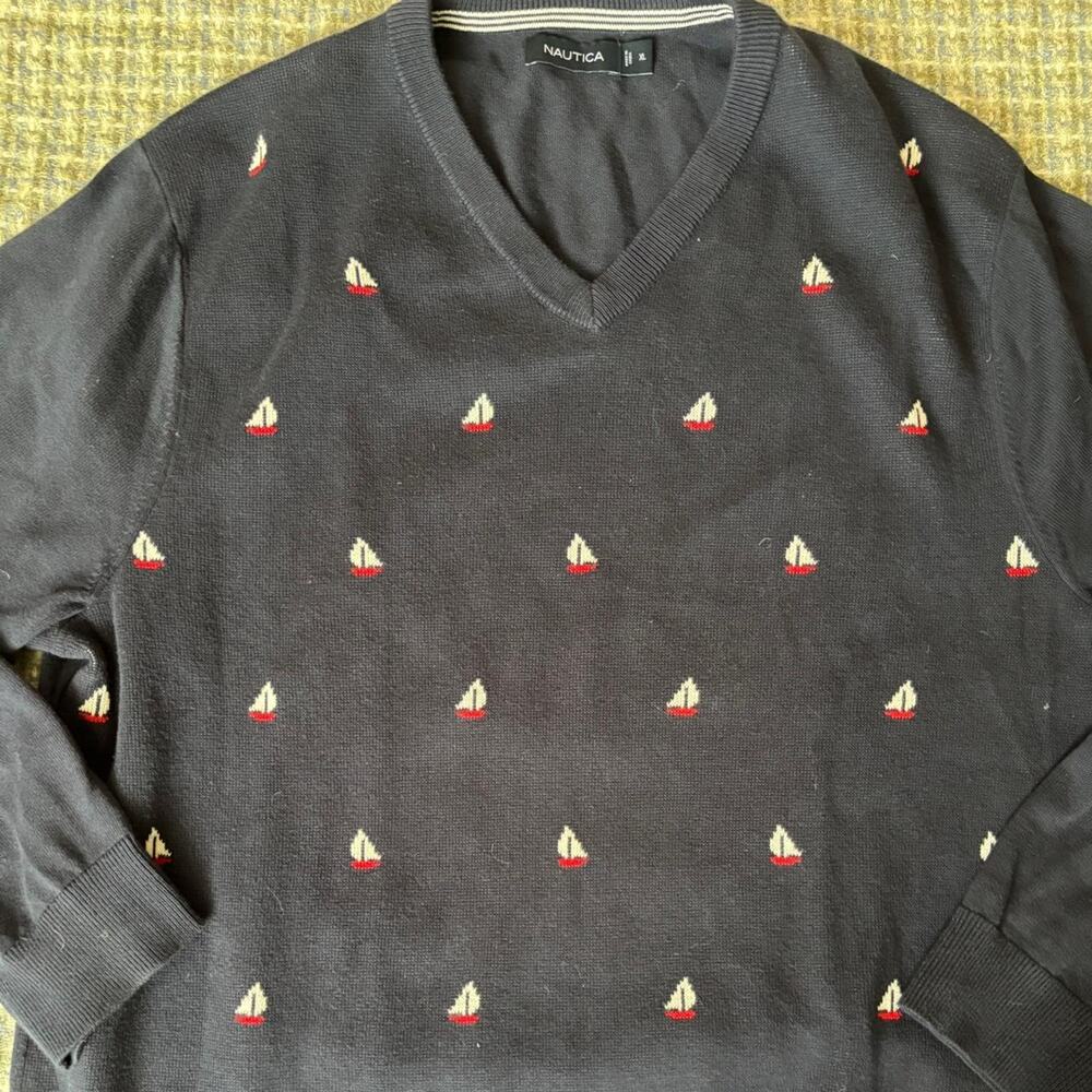 Nautica Navy Blue Pullover Sailboat Sweater Men's XL Nautical Cottage-Core - Picture 2 of 6